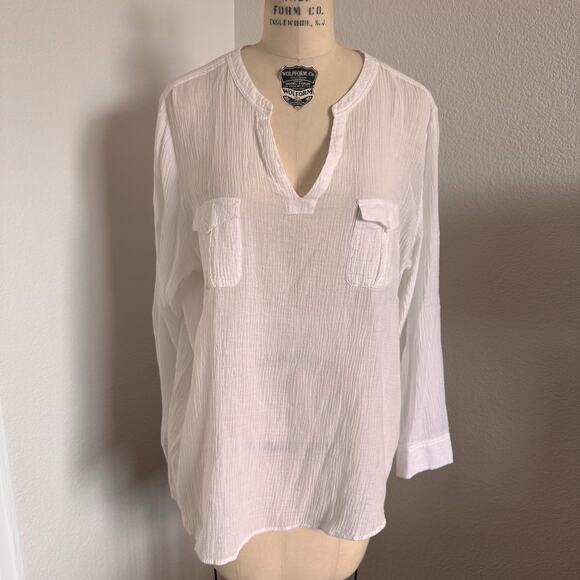 Two by Vince Camuto Tops - Two by Vince Camuto XL White 100% Cotton Gauze Tunic Blouse V-Neck Boho Beach